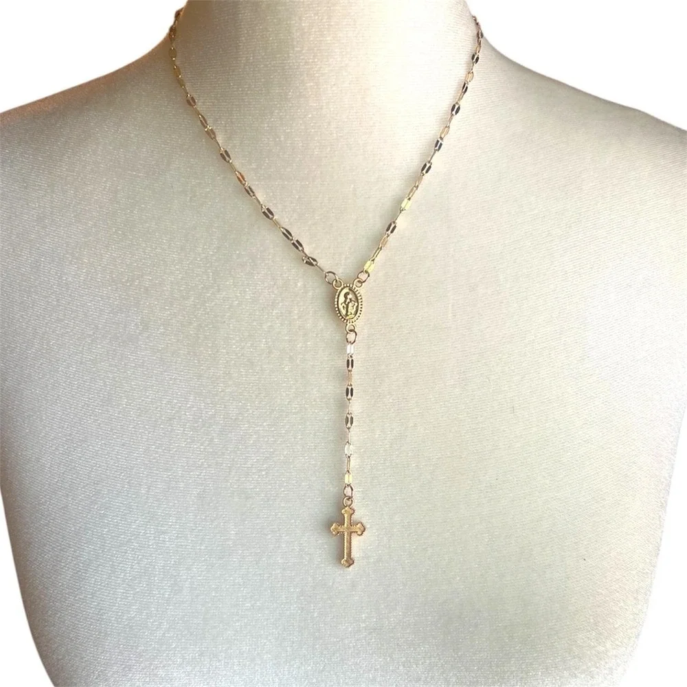 Beautiful Gold Tone Rosary Bead Necklace With Cross  - adjustable length chain